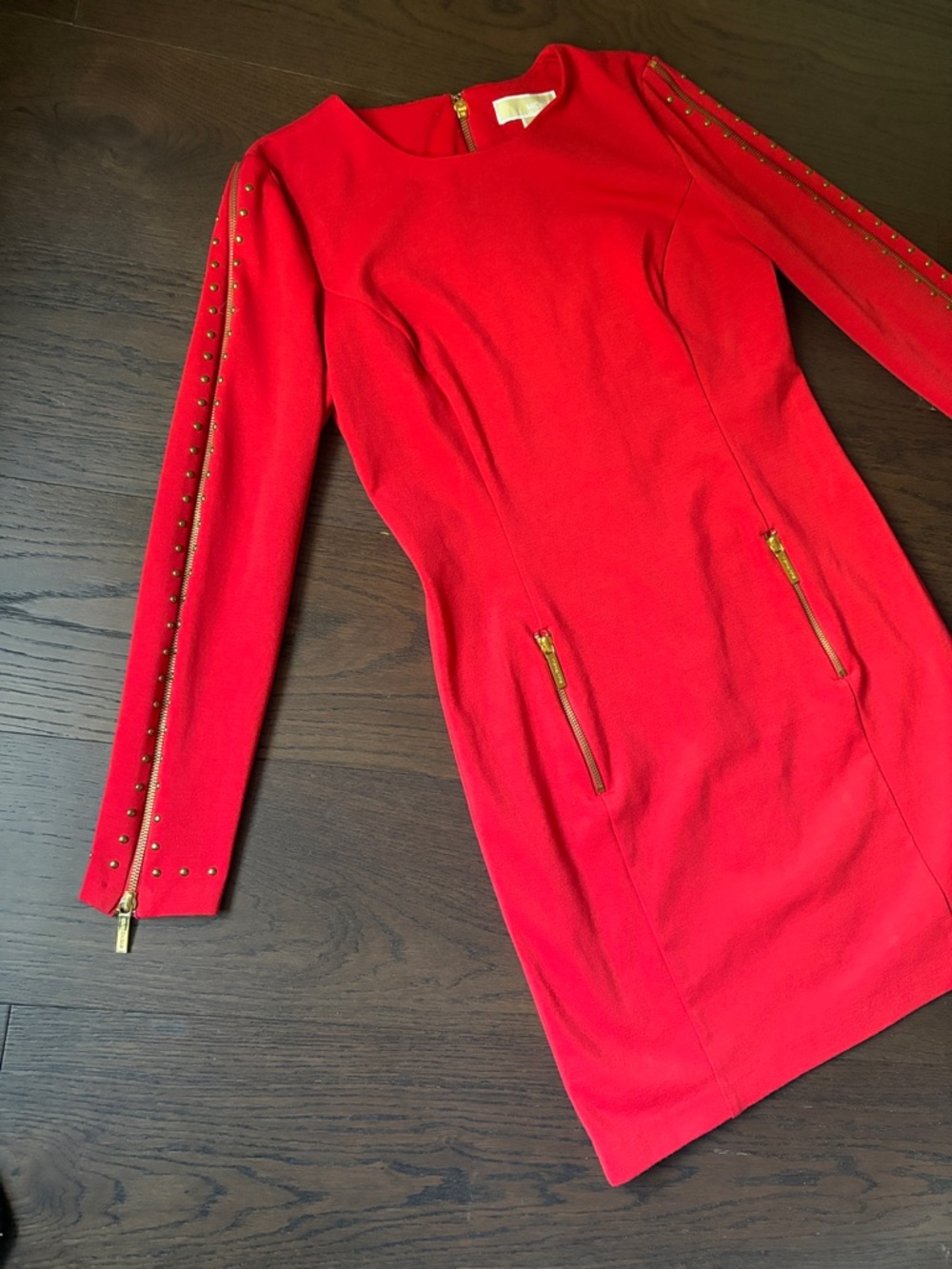 Michael Kors Red Bodycon Dress w/ Gold Studded Zip Sleeves & Front Zip Pockets